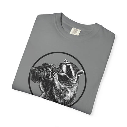 Men's grey raccoon-and-whiskey graphic T-shirt, crew neck, angled view