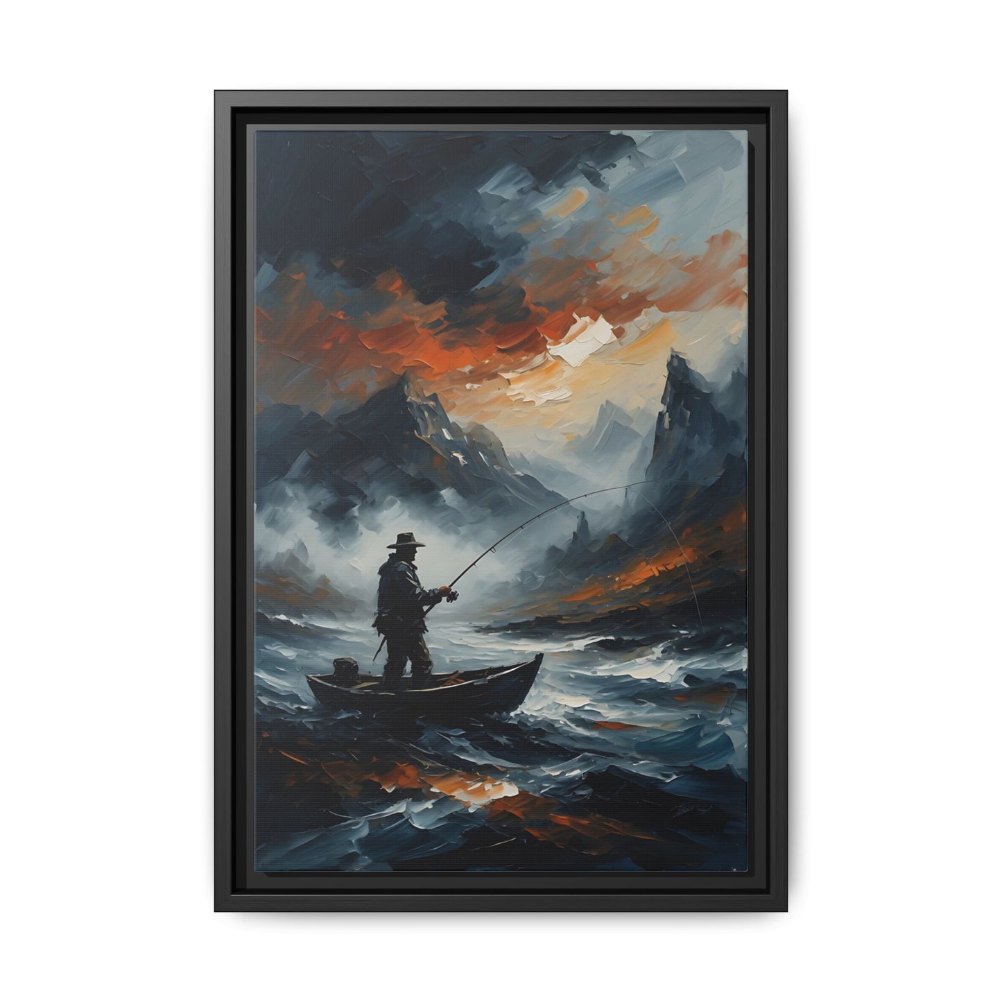 Framed Matte Canvas - Lone Fisherman - Mountain Lake Storm