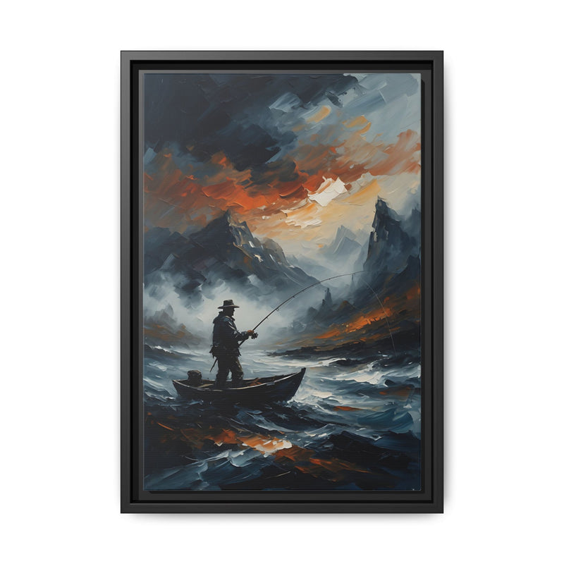 Framed Matte Canvas - Lone Fisherman - Mountain Lake Storm