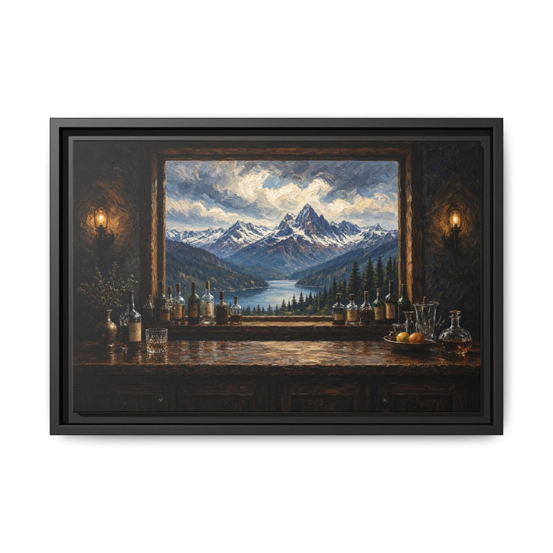 Mountain Lodge Bar – Window View Framed Canvas
