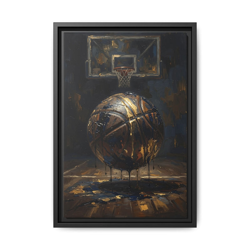 Framed matte canvas basketball painting with textured basketball and overhead hoop