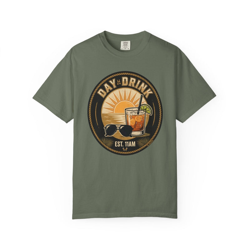 Moss green crew-neck t-shirt with circular “DAY DRINK” graphic and “EST. 11AM”