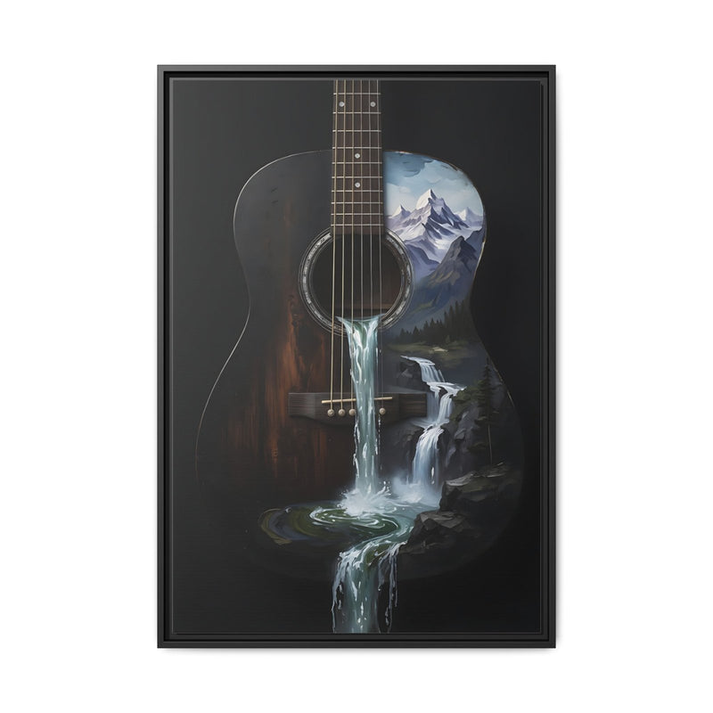 Framed guitar waterfall painting with mountain landscape in a dark color palette.