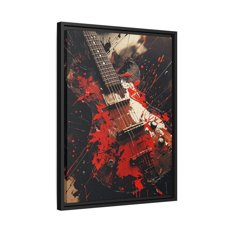 Black framed electric guitar wall art canvas with red splashes and scattered accent marks.