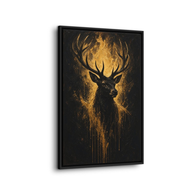 Angled view of framed deer canvas wall art with a gold stag on a dark ground
