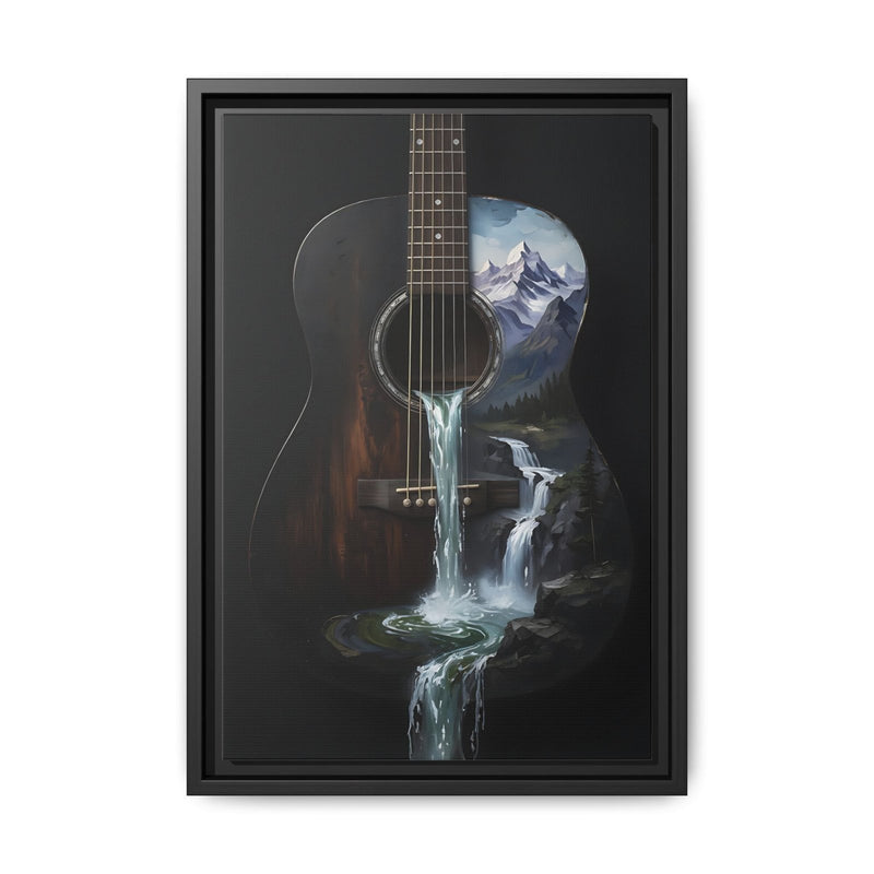 Framed wall art with a guitar at center and waterfall effect over dark tones.