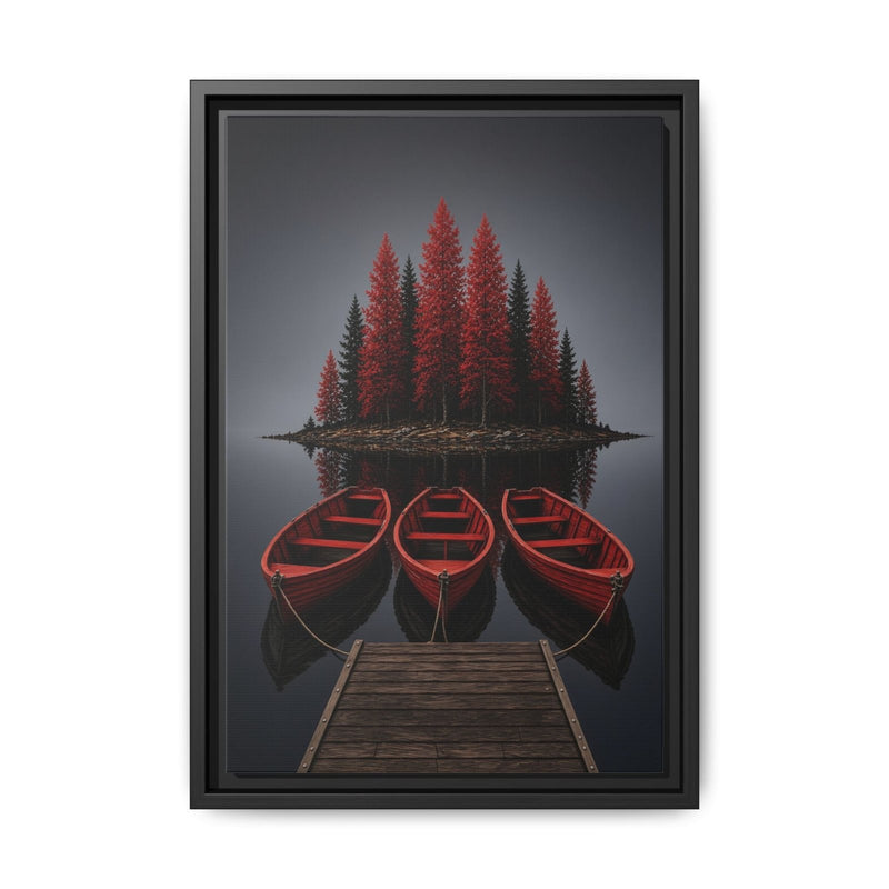 Framed lake canvas wall art with three red canoes and a dark evergreen island