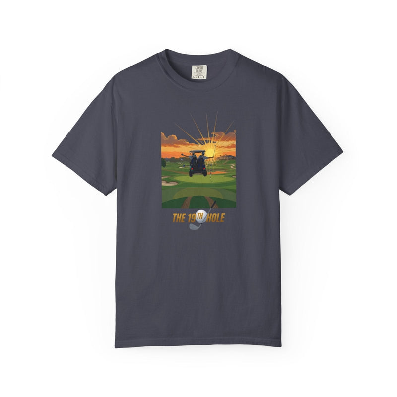 Navy golf T-shirt with front graphic of a golf cart at sunset and “THE 19TH HOLE” lettering.