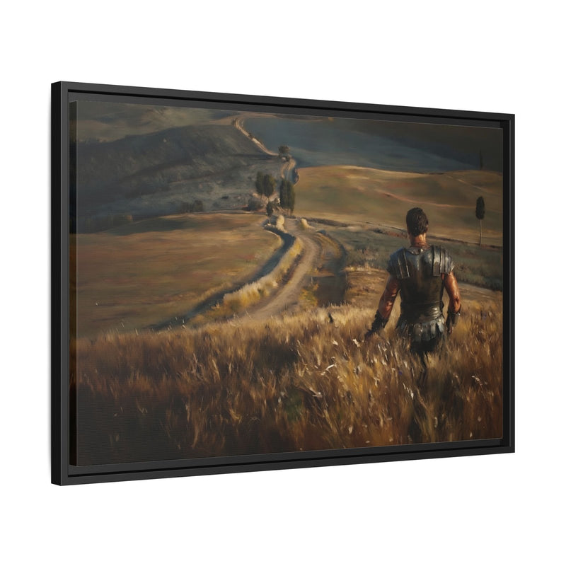 Black-framed matte canvas print, angled view showing a winding path through golden grass