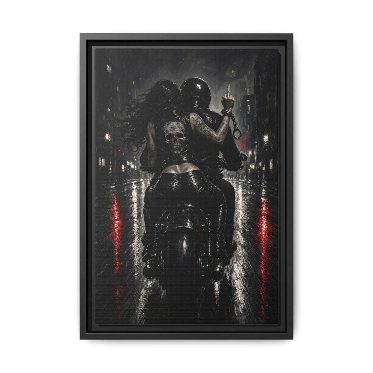 Vertical biker wall canvas, black frame, monochrome skeleton rider on motorcycle