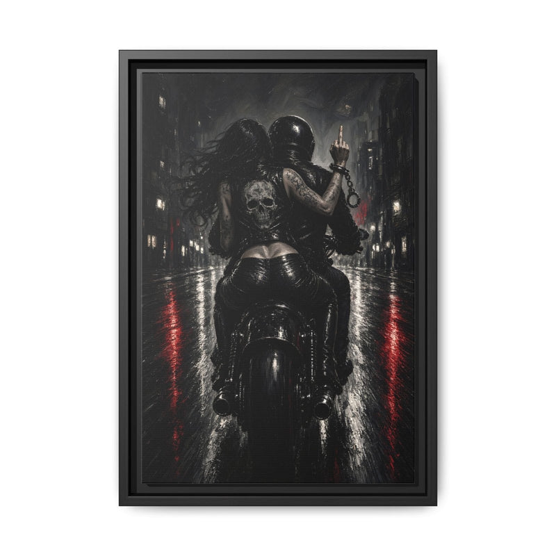 Vertical biker wall canvas, black frame, monochrome skeleton rider on motorcycle