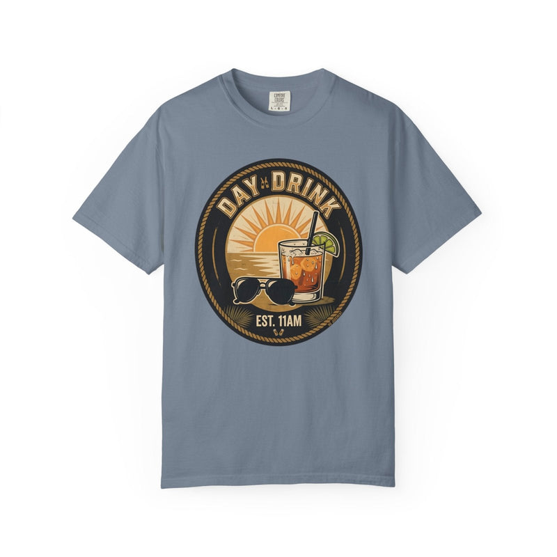 Blue crew-neck t-shirt with circular “DAY DRINK” graphic and “EST. 11AM”