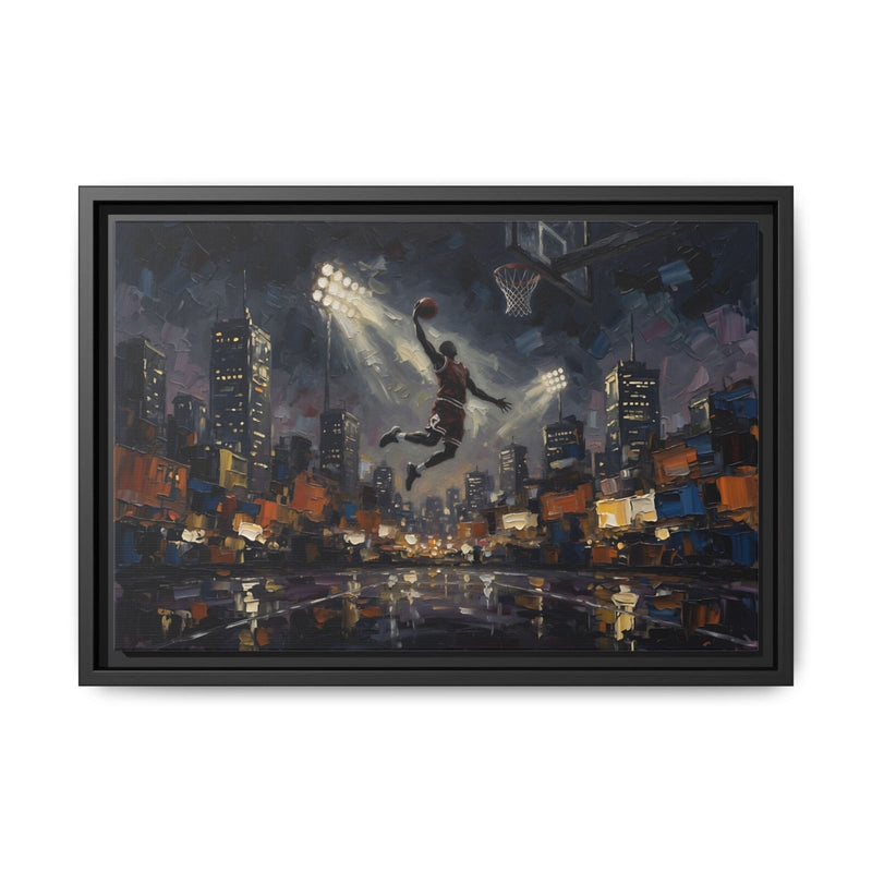 City Lights Dunk - Epic Night Basketball Player Framed Canvas Wall Art | Man Cave Decor