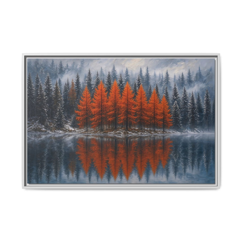 Framed landscape canvas wall art: orange forest scene reflected on a lake, light gray frame