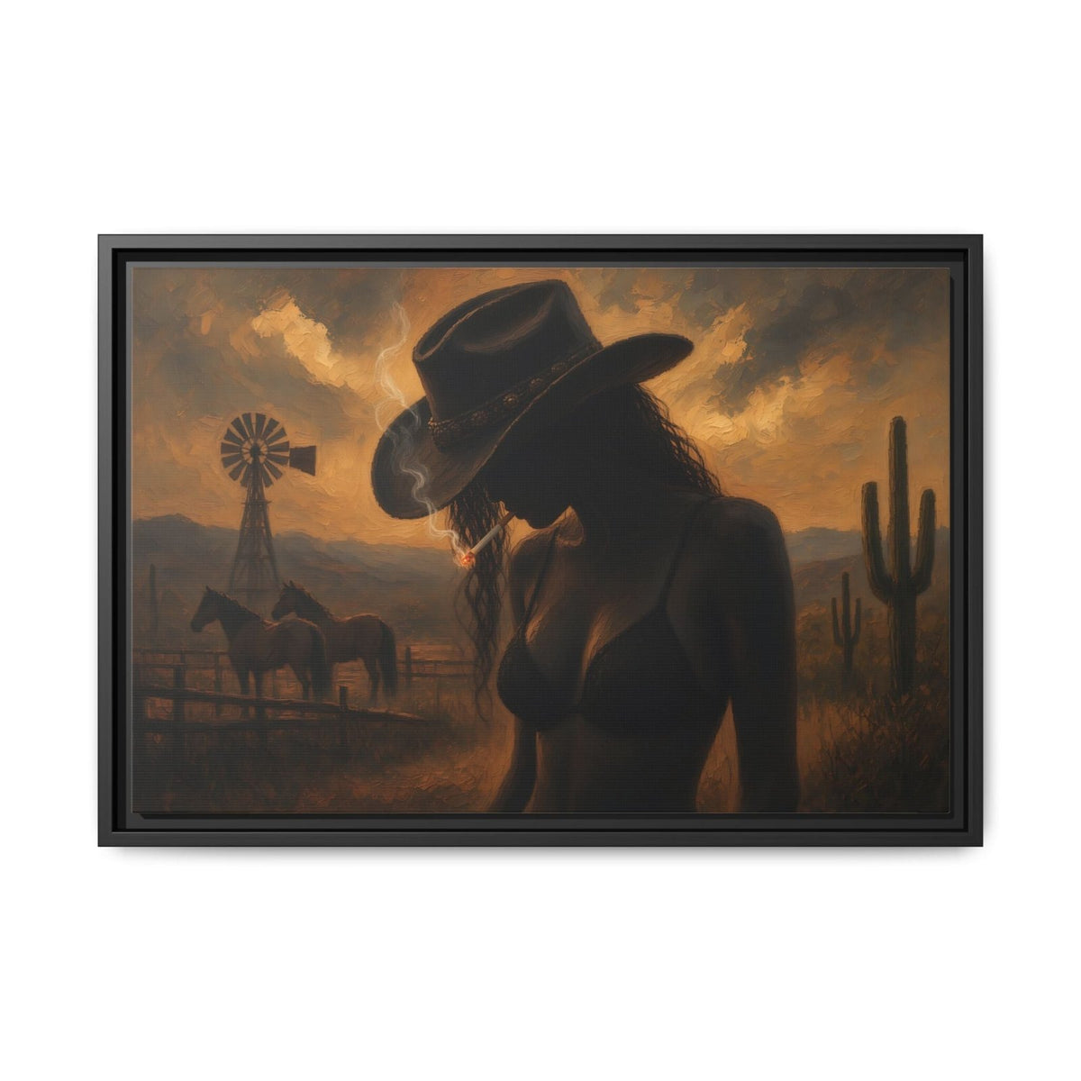 Black-framed desert cowgirl canvas, cowboy silhouette bent forward with desert ranch details