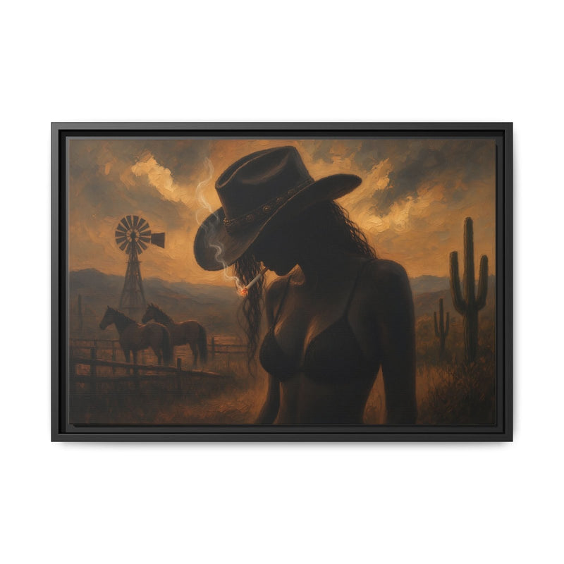 Black-framed desert cowgirl canvas, cowboy silhouette bent forward with desert ranch details