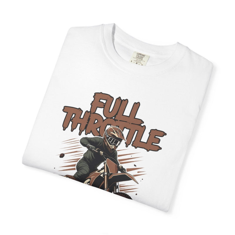 White motocross t-shirt with Full Throttle No Brakes graphic on front, angled close-up