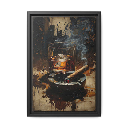 Black framed canvas art showing whiskey in a glass, ashtray, cigar stick, and smoke