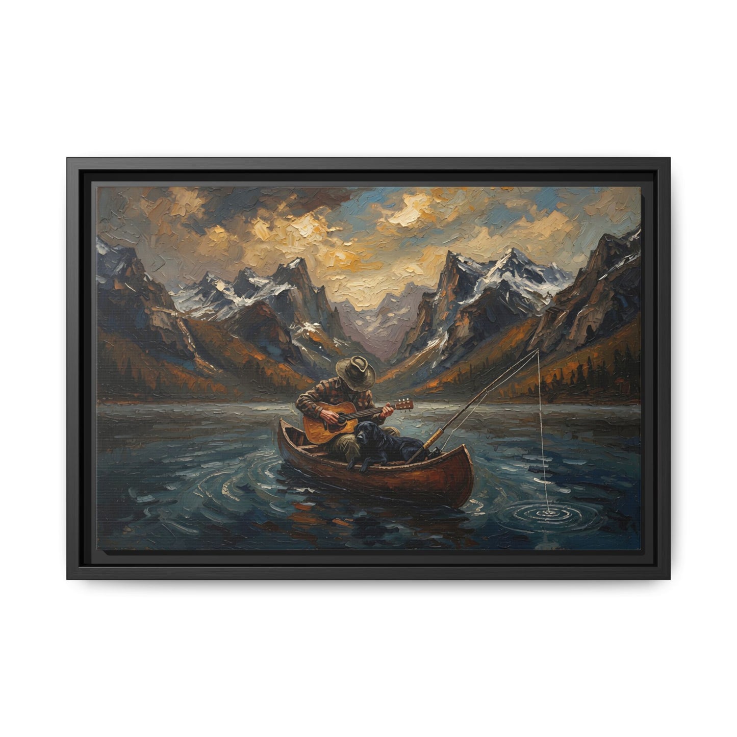 Framed Canvas - Lakeside Serenade - Canoe Guitar & Fishing With Mans Best Friend