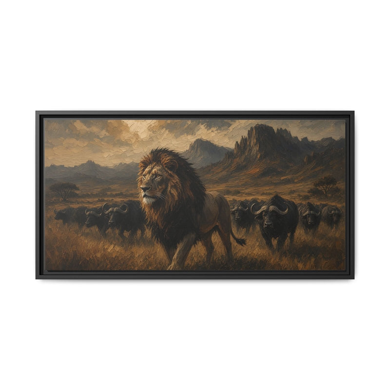 Black-framed lion and buffalo canvas landscape with distant mountains and clouds