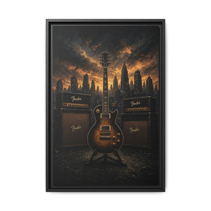 Guitar, Amps & Burning Skyline Cityscape Canvas