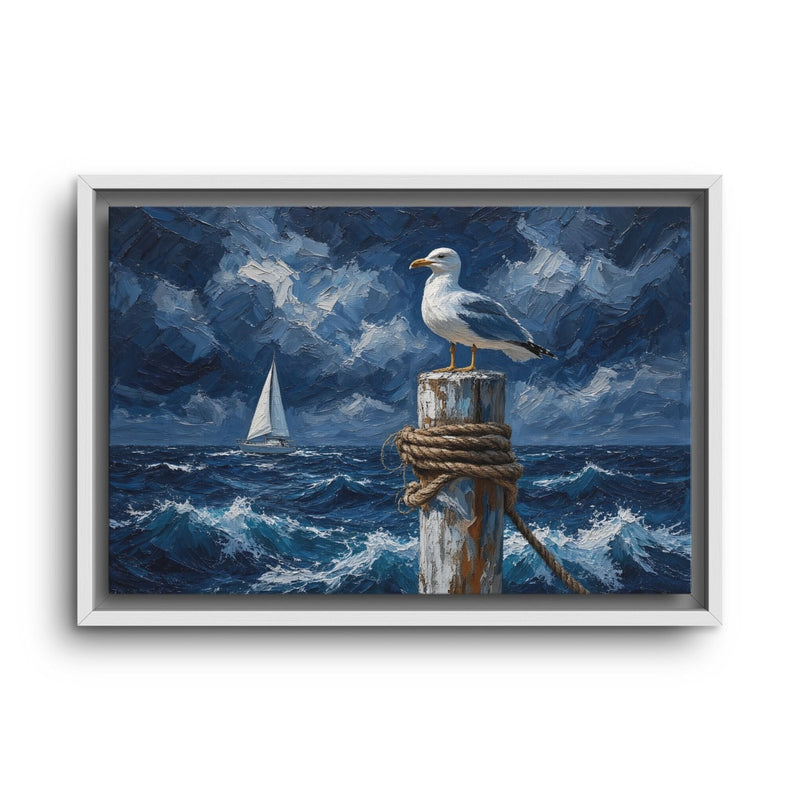 Coastal canvas print of a gull on a rope-wrapped post above rough waves, in a white frame