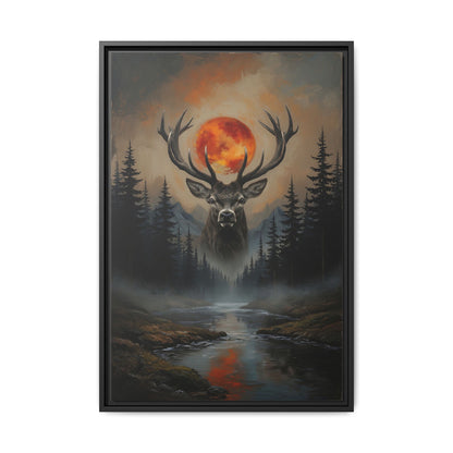 Stag Silhouette with Blood Moon -  Framed Matte Canvas Art