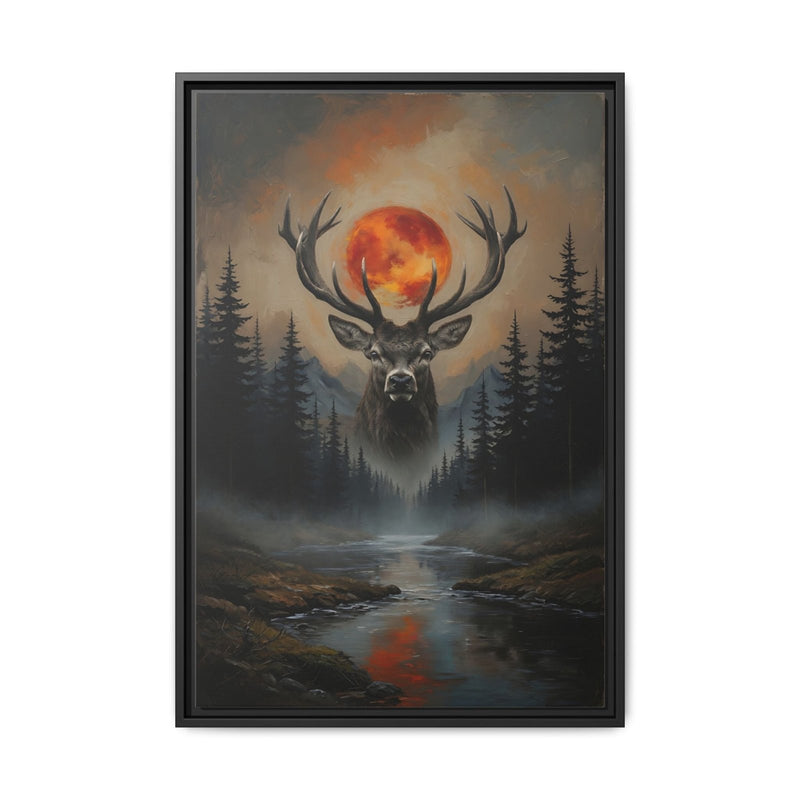 Black framed matte canvas art with deer head silhouette, orange blood moon, forest river scene