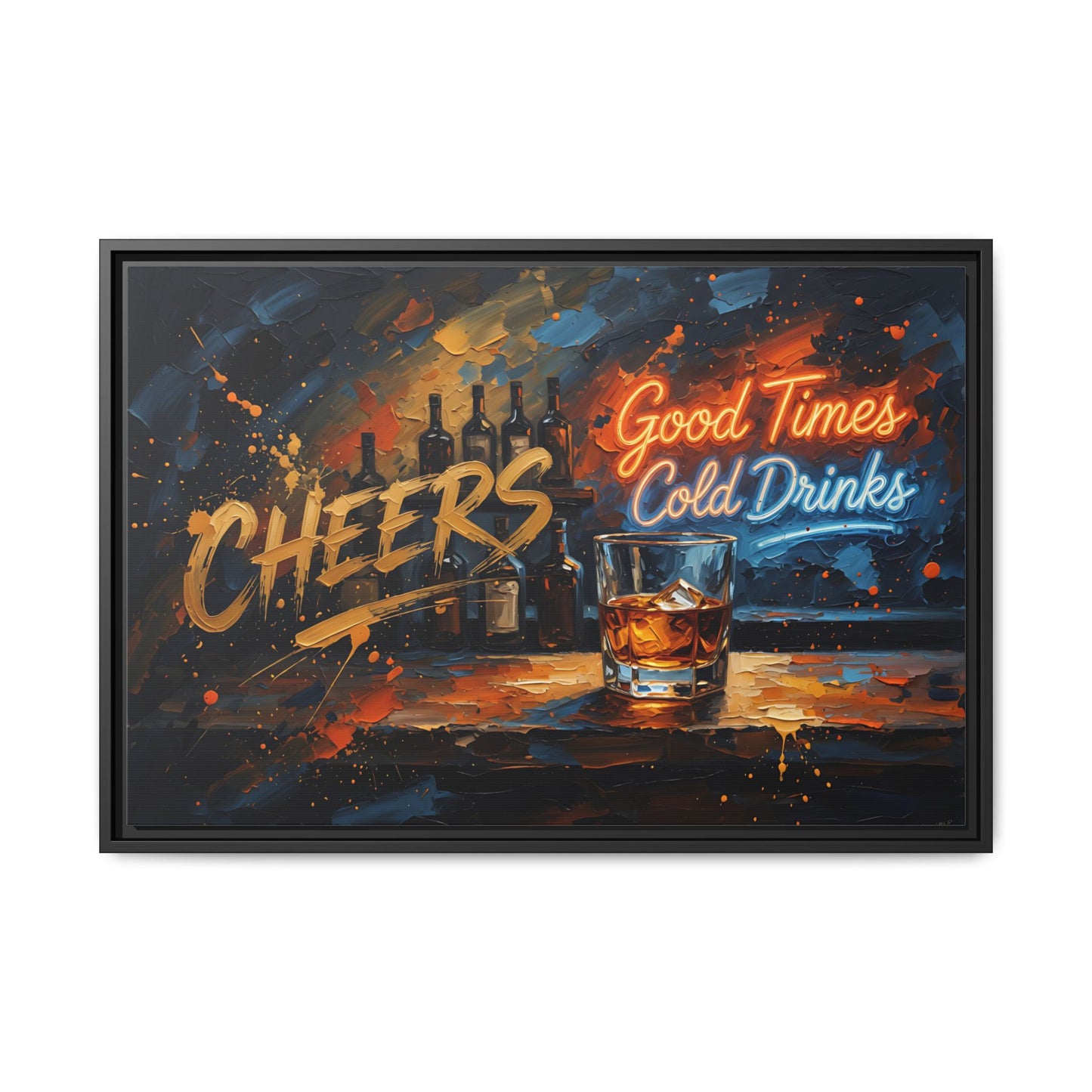 Black framed bar wall art canvas with Cheers and Good Times, Cold Drinks text