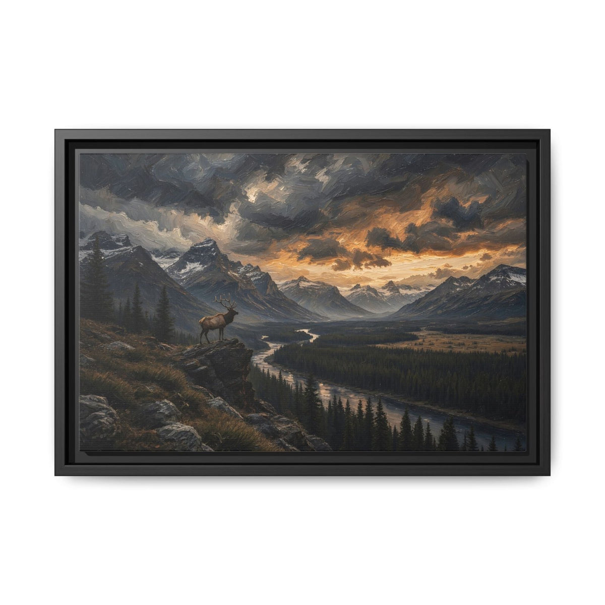Framed canvas wall art with scenic mountains, river, and elk in the field