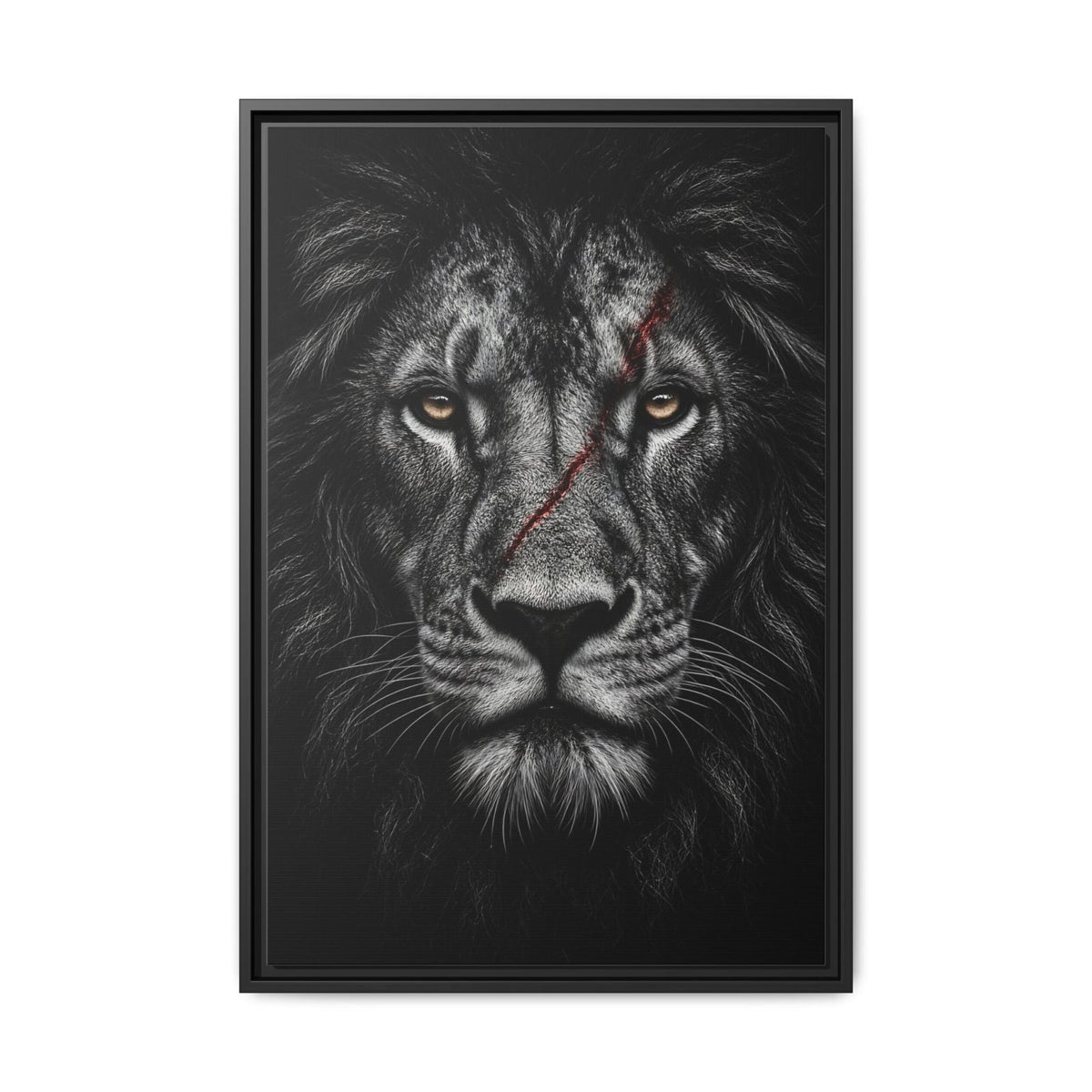 Black lion portrait canvas print in a dark frame, front view.
