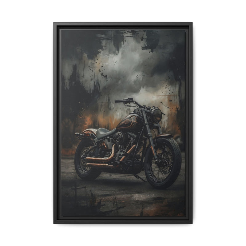 Framed matte canvas wall art with cruiser motorcycle illustration, black frame