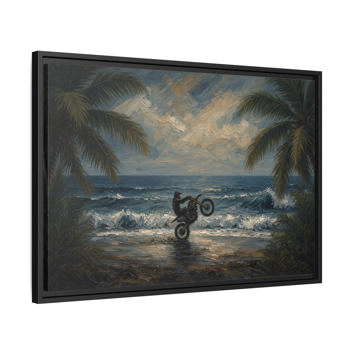 Black-framed beach canvas with palm branches and ocean waves, featuring a dirt bike crossing surf