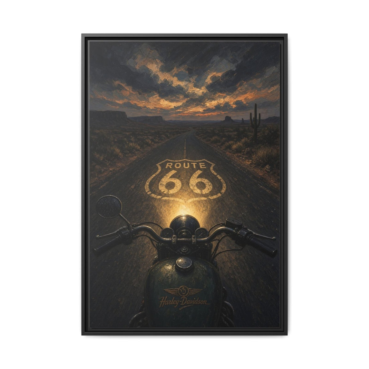 Framed Route 66 motorcycle canvas print, front handlebars above glowing 66 on desert road