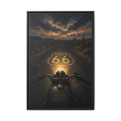 Framed Route 66 motorcycle canvas print, front handlebars above glowing 66 on desert road