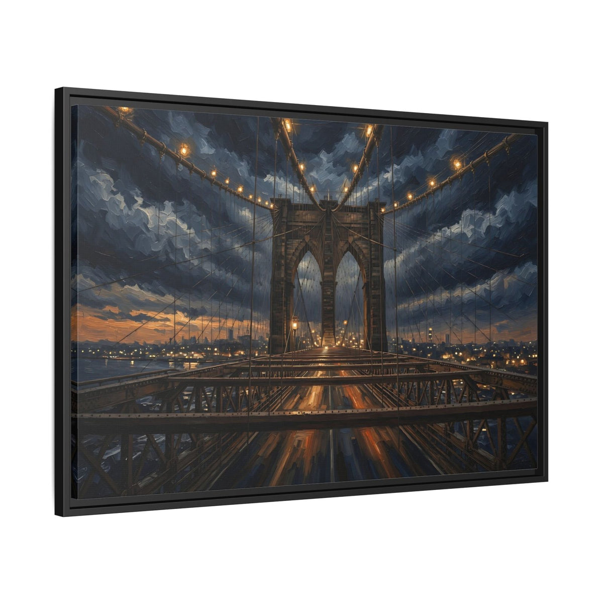 Black framed canvas print with a nighttime bridge, string lights, and a golden reflection