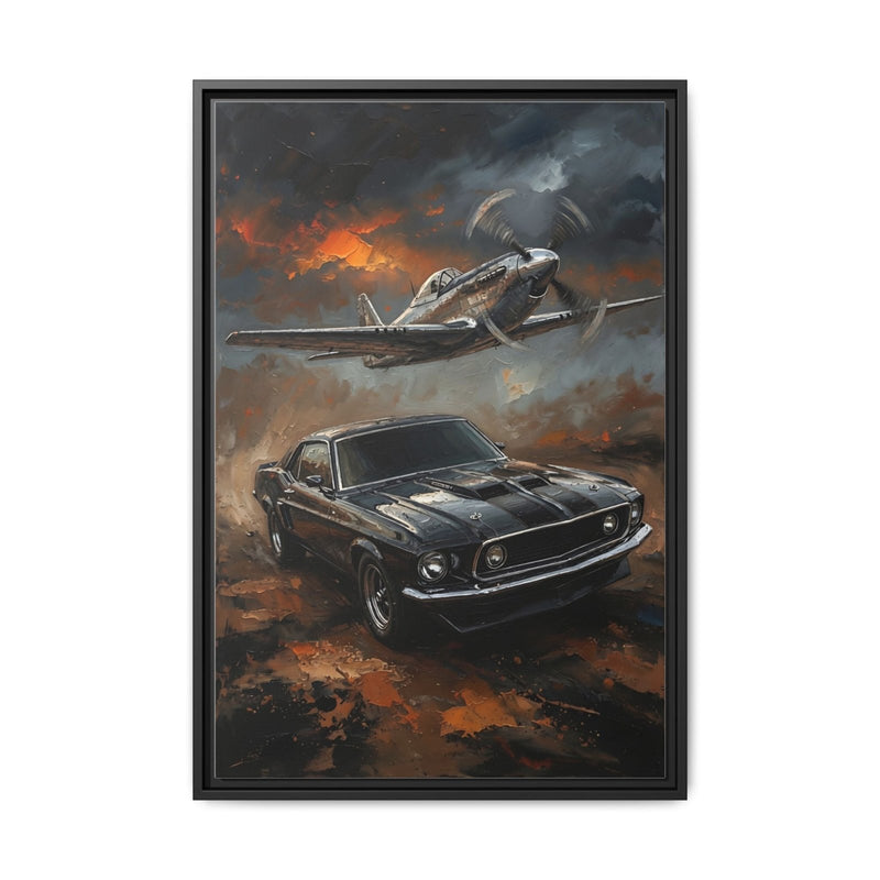 Black-framed wall art canvas showing vintage car and fighter plane in battle scene
