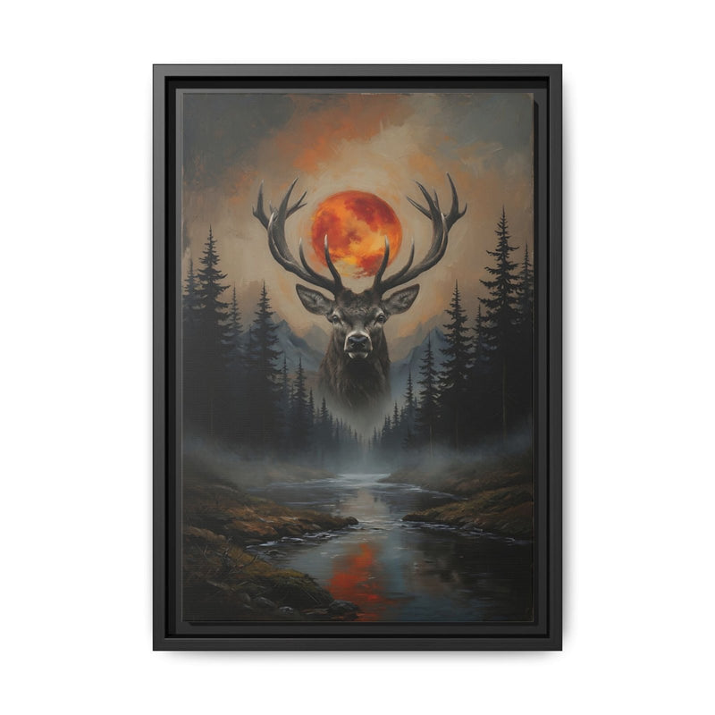 Black framed matte canvas with deer head silhouette, glowing red moon, misty forest and stream