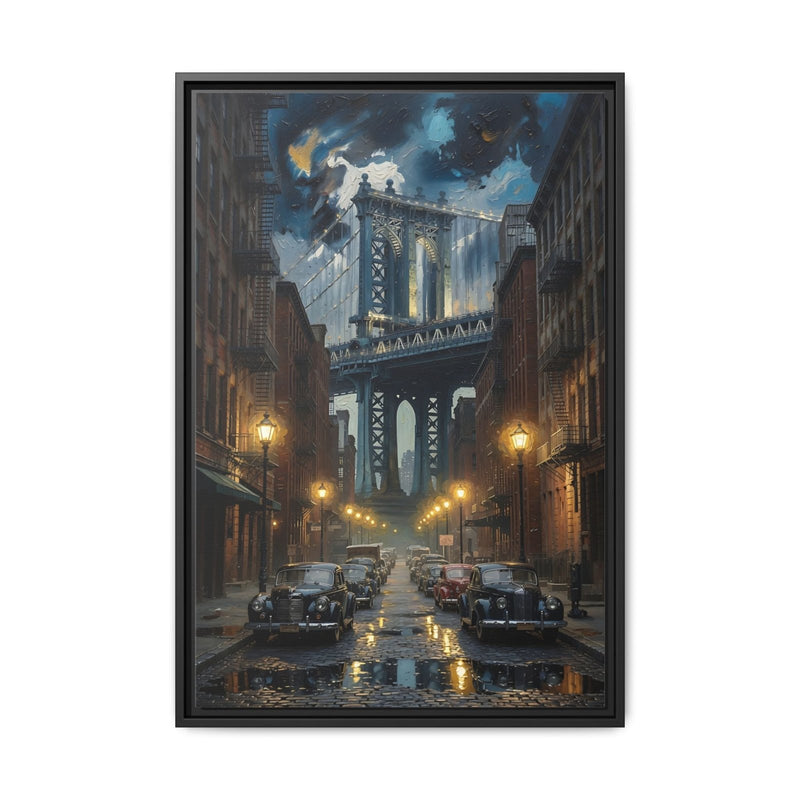 Framed canvas wall art with black frame, night city street and bridge over river