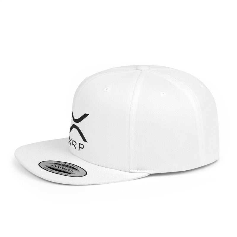 White flat bill snapback hat with black XRP logo patch on side