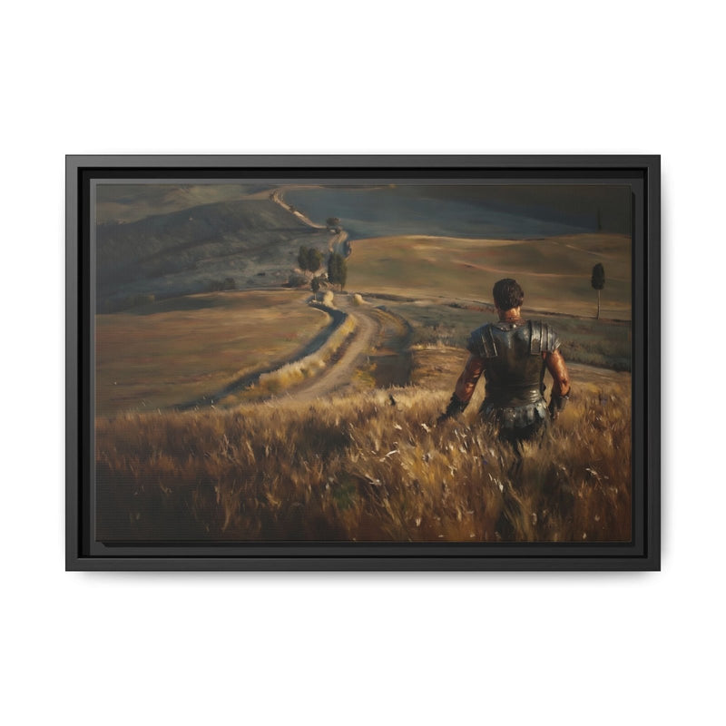 Black-framed matte canvas print, front view of figures on a grassy road winding through hills