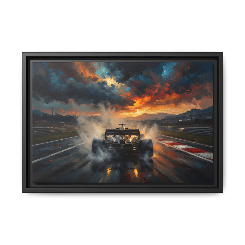 Framed Racing Car Canvas Print — Stormy Sunset Formula 1 Wall Art