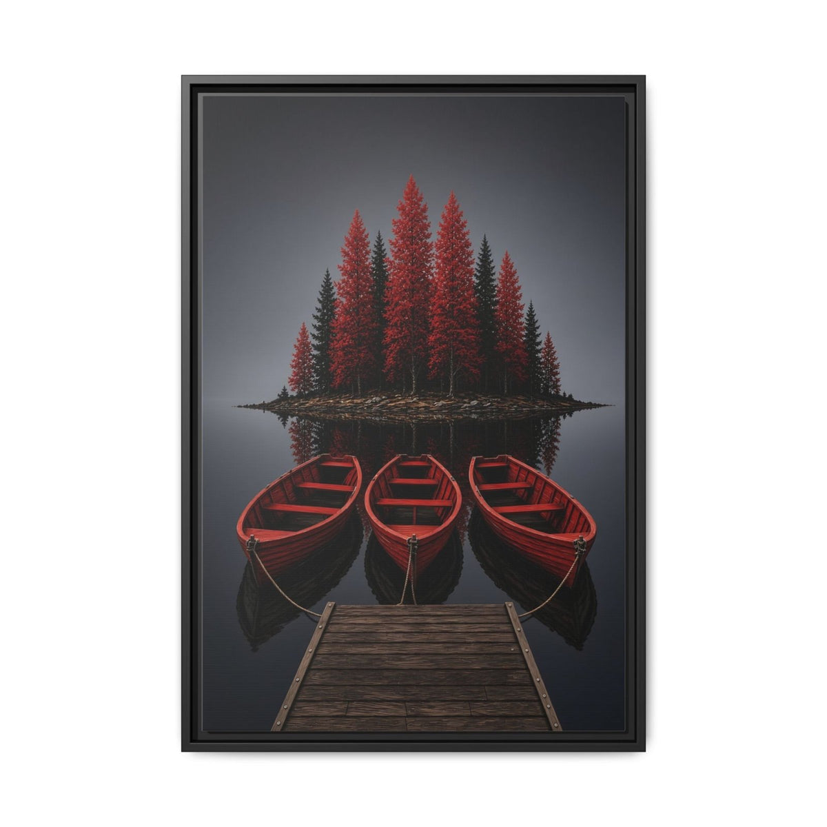 Framed lake canvas wall art with red canoes, pine trees, and dark reflective dock