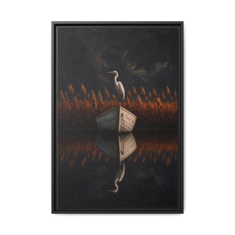 Framed canvas wall art with a heron over mirrored reflection and orange reeds on dark background