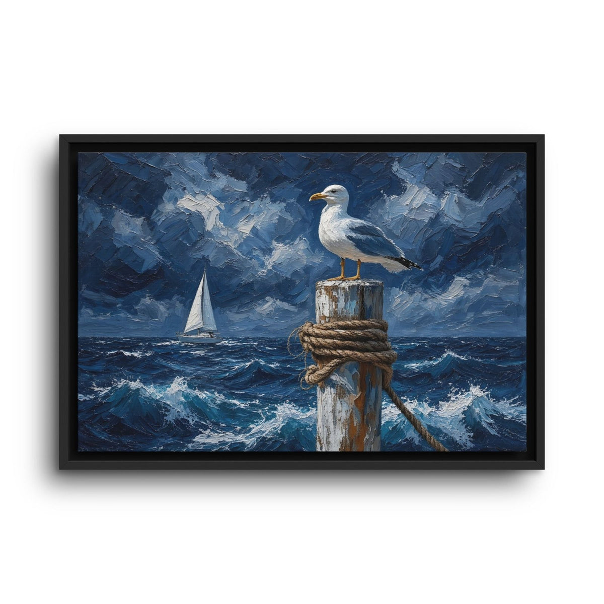 Seascape canvas with a gull, sailboat, and turbulent waves in a black frame