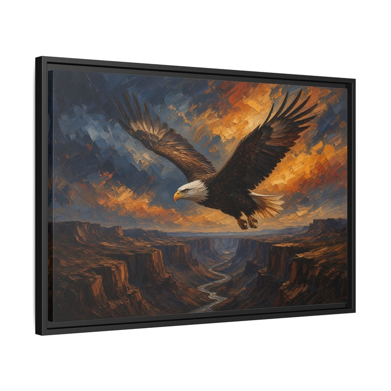 Angled black-framed eagle canvas with wings extended over canyon valley