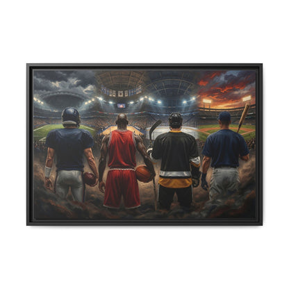 Black-framed sports canvas print showing four players from behind in a stadium scene.