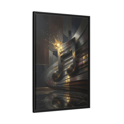 Framed black canvas wall art angled view showing abstract golden music note