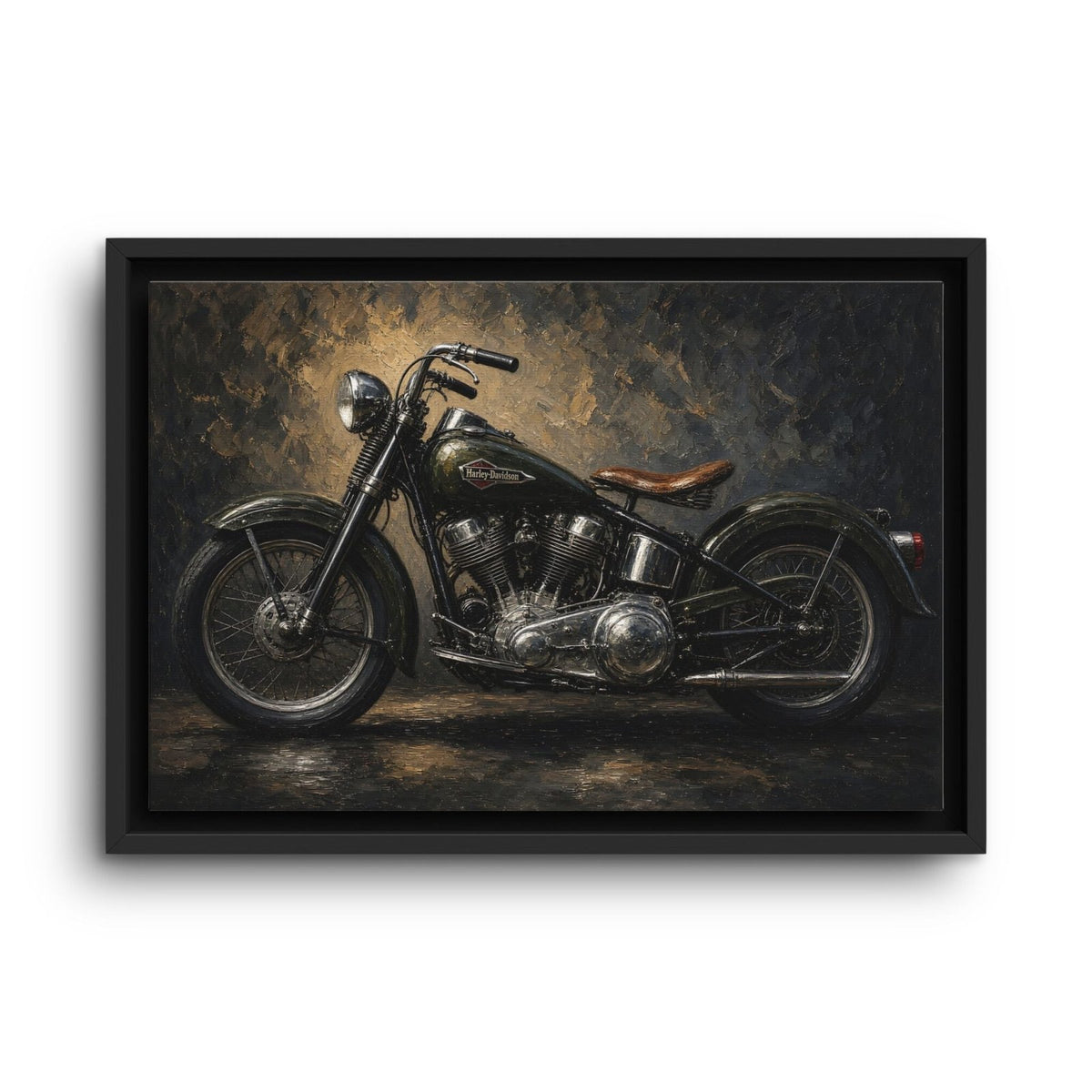 Framed canvas print of a vintage black motorcycle with a brown leather seat