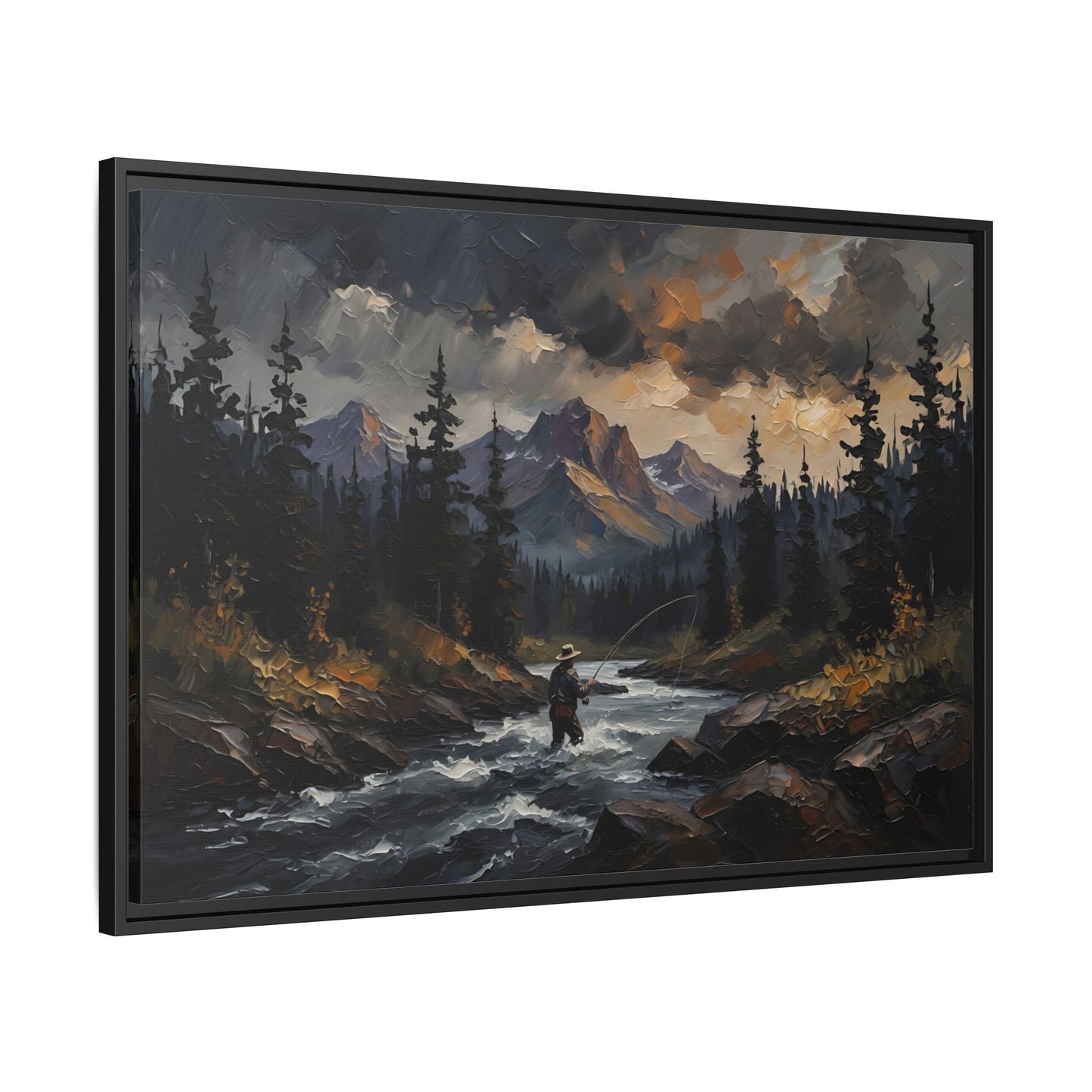 Framed Matte Canvas Print — Wilderness Fly Fisherman Landscape